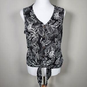 RACHEL ZOE Linen Shirt Womens Large Tropical Print Botanical Paradise Cruise B+W